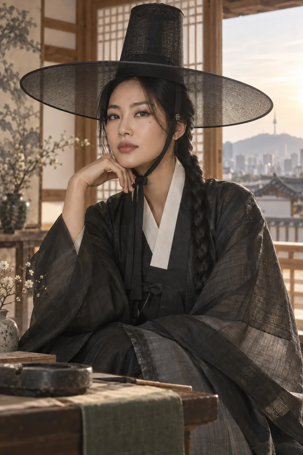 A Korean Four Pillars guide in a traditional black gat and modern charcoal durumagi.
