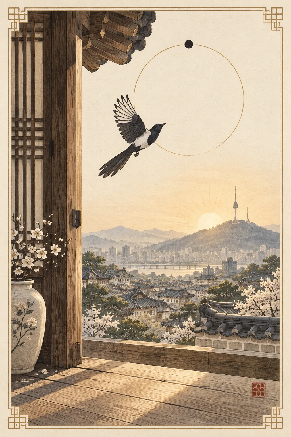 The First Light, a magpie rising above Seoul rooftops at dawn.
