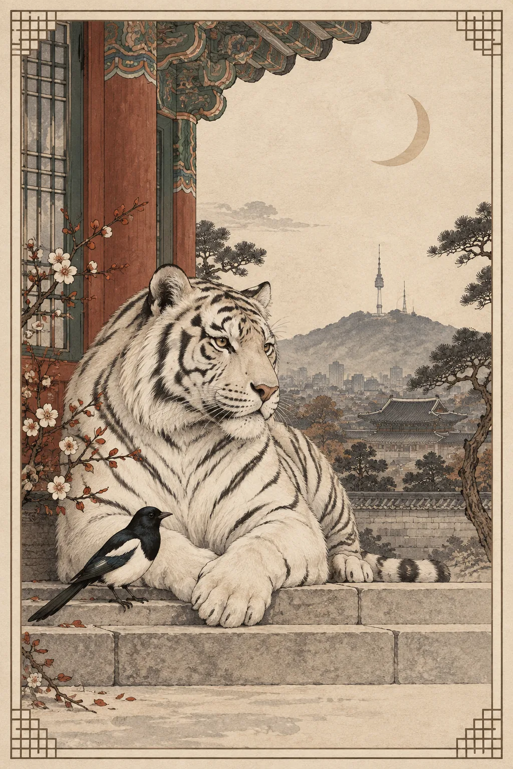 The Moon Tiger, a watchful white tiger and magpie at a Seoul palace threshold.