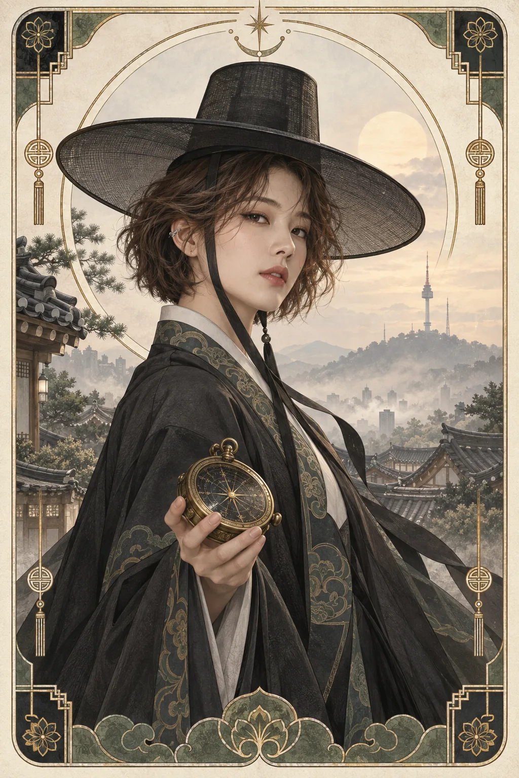 The Night Messenger, a young Korean woman with a short chestnut bob, black gat and brass compass.
